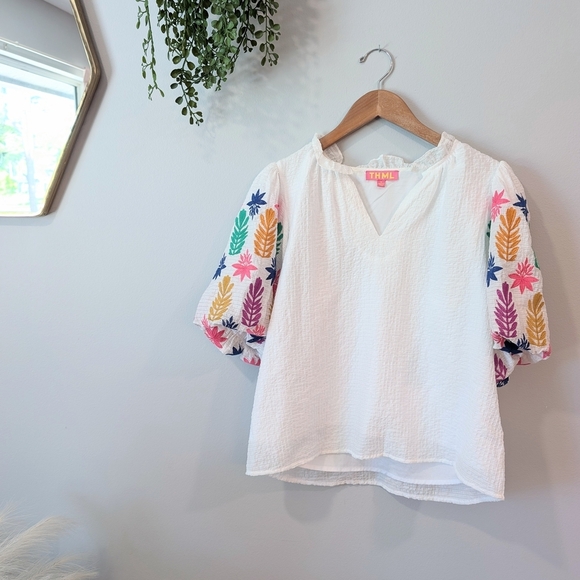 THML Tops - Thml White Embroidered Top with Colorful Sleeves